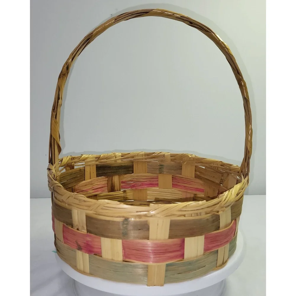 Vintage Woven Easter Basket Round Splint Wood Pink Green Accent Handle